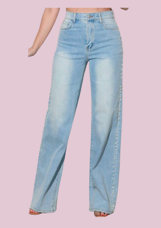 Pearl stud high rise wide leg jeans