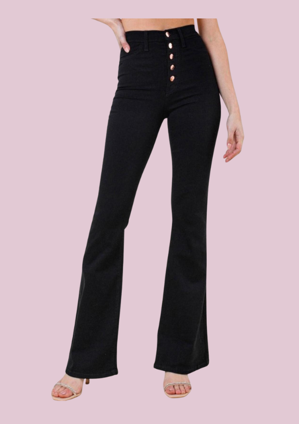 High rise flare jean with five rose gold buttons