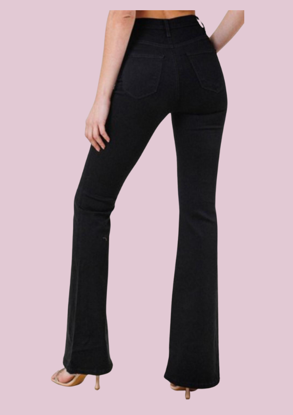 High rise flare jean with five rose gold buttons