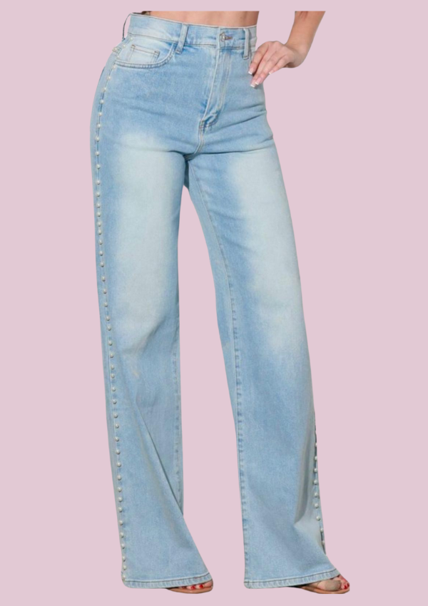 Pearl stud high rise wide leg jeans