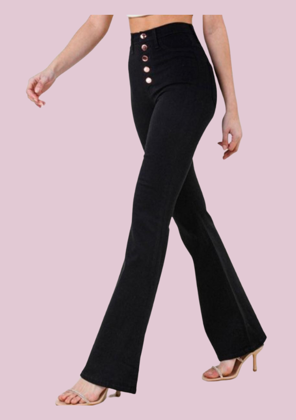 High rise flare jean with five rose gold buttons
