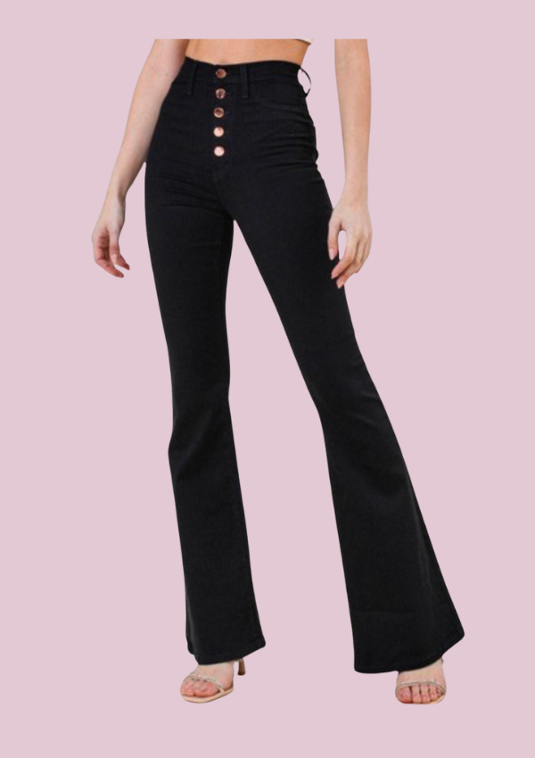 High rise flare jean with five rose gold buttons
